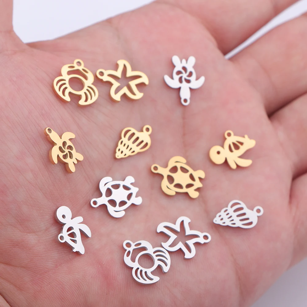 10pcs/lot Polished Stainless Steel Marine Animals Charm Tortoise Fish Starfish Crab Conch Shell Pendanta For Jewelry Making