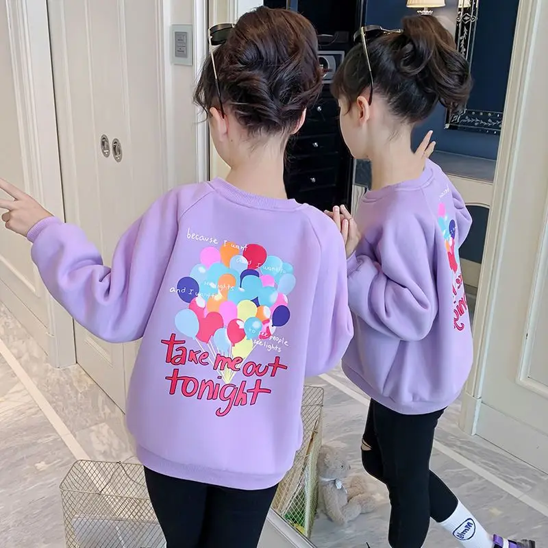 

Girls' 2025 New Spring Mid-Big School Cotton Long Sleeve Pull-On Loose Stretchy Balloon Print Trendy Sweatshirt