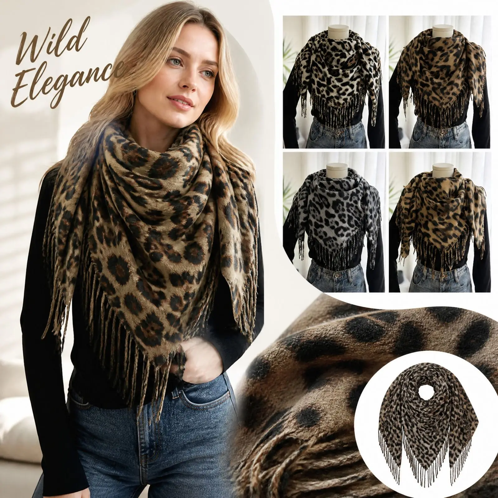 Wild Elegance Shawl Winter Leopard Print Scarf Fashion Triangle Wrap Stylish Fringed Women Wild Elegance Scarf Neck Accessory