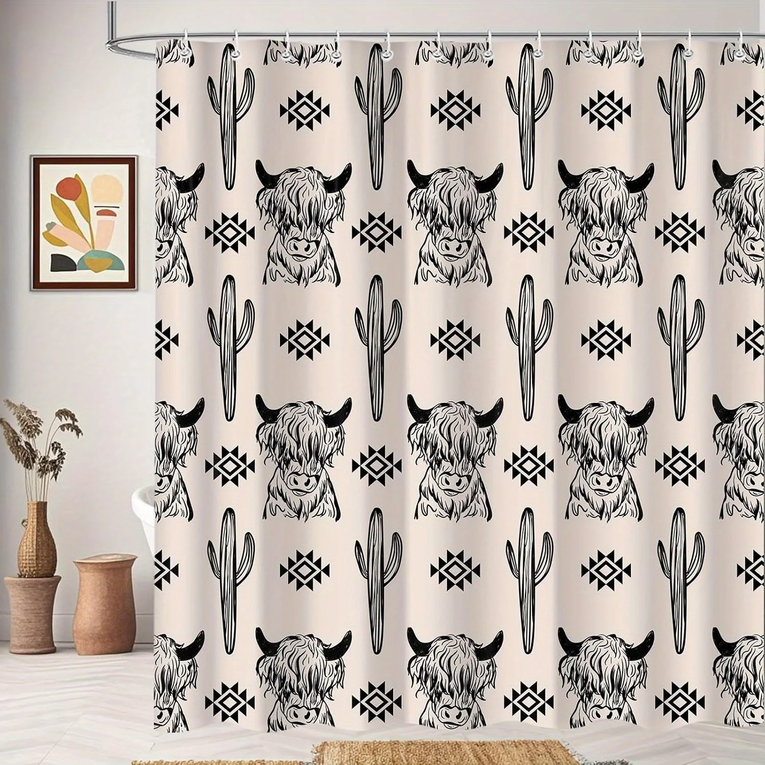 

Western Boho Shower Curtain - Highland Cow & Cactus Design, Durable Polyester with 12 Hooks for All-Season Use