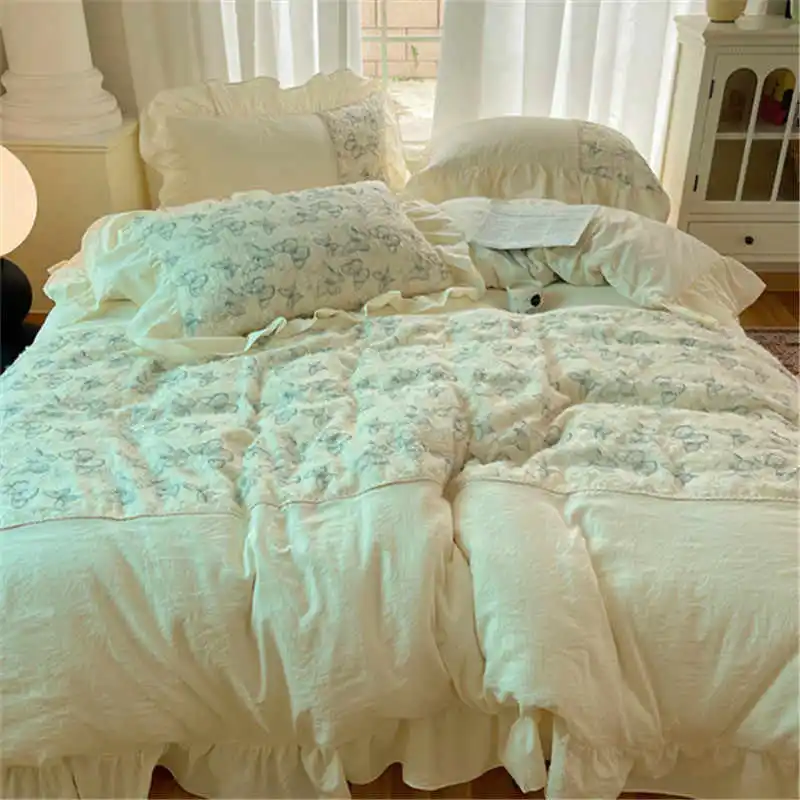 Korean Princess Style Lace Bedding Set, Premium Soft Fabric Bedding 4pcs for Girls, Butterfly Deco Soft Duvet Covers