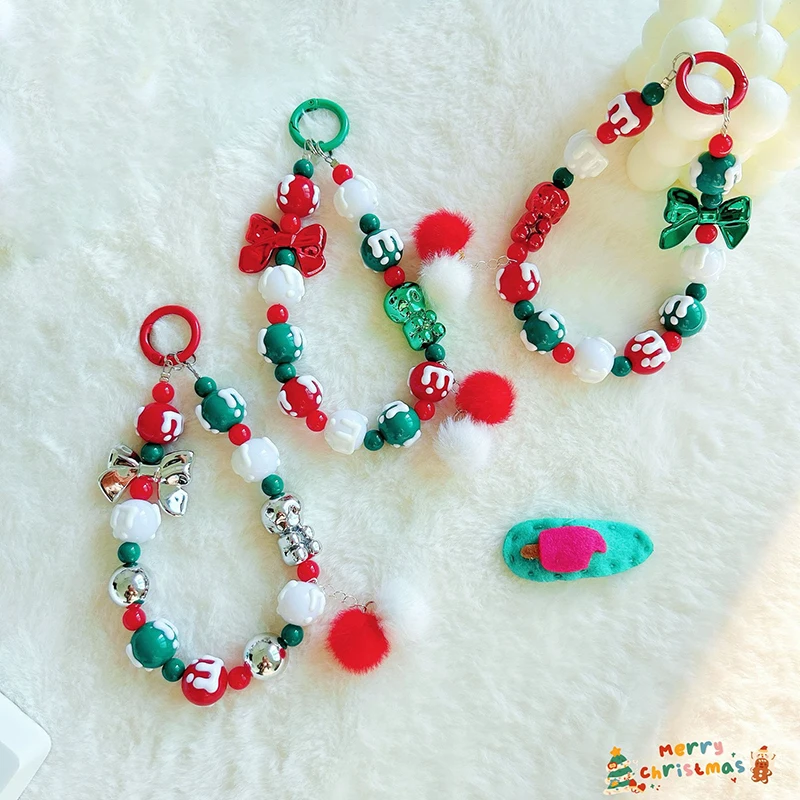 Cartoon Christmas Hand Drawn Beaded Mobile Phone Chain Pendant Keychain Chain Anti Lost Cellphone Strap Bag Hangings Decoration