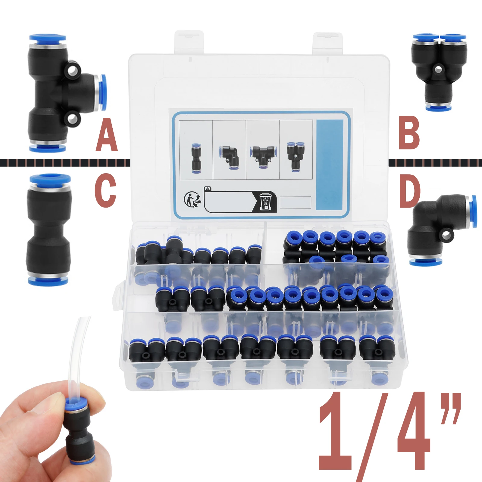 

40 шт. комплект пневматических аксессуаров, фитинги, разветвитель, локоть, тройник, прямая труба, разъем 1/4 дюйма, подходит для пневматического оборудования