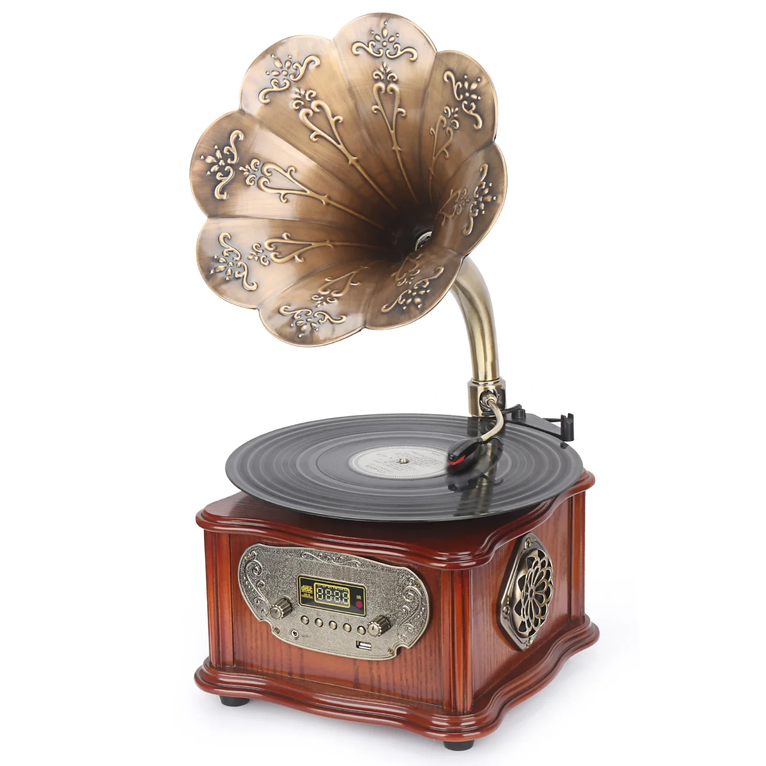 SZHFJCTH Retro All-In-One Turntable Record Player Vintage Phonograph Gramophone Bluetooth USB Output Copper Horn Nostalgic Vinyl