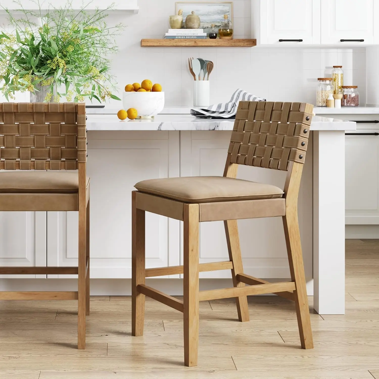 

Cohen Mid-Century Modern Leather Bar Stool, Counter Height Chair in Solid Wood Frame with Footrest and Woven Leather Back for