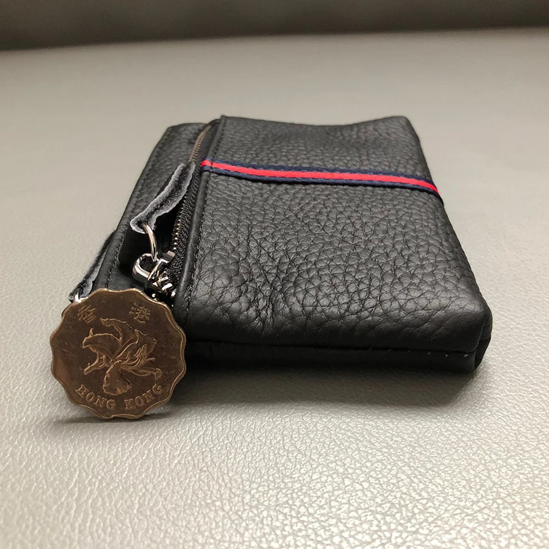 Women Short Small Wallets Card Holder ID Bag Coin Purse Ladies Genuine Leather Female Double Zipper Key Ring Chain Money Bag New