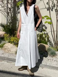 Summer Vintage Collar Pleated Design Slimming Sleeveless Vest Dress Long Dress Women's Retro Neckline Casual Fashion Style