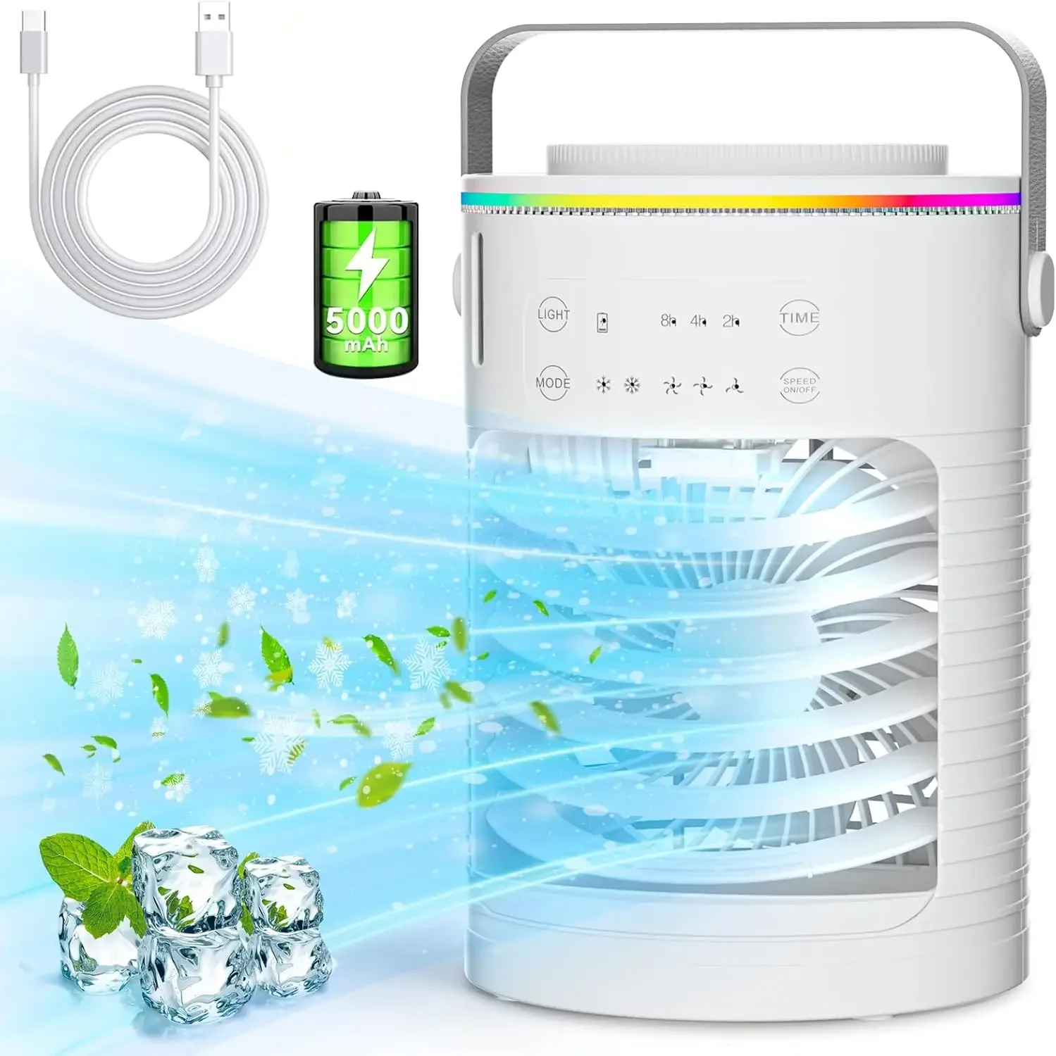 

Air Conditioners, Rechargeable Evaporative Air Cooler With 5000 mAh Batterie, 3 Speeds, 7-Color Light, 2 Cool & 2-8H Timer