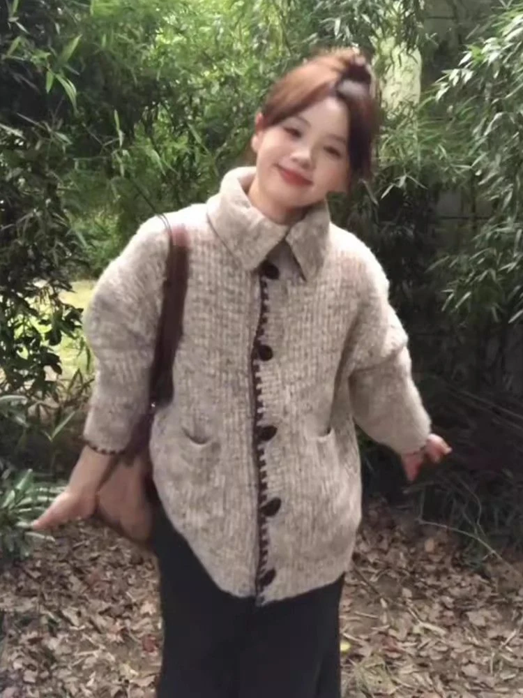 Cardigan lavorato a maglia vintage coreano da donna maglione allentato pigro con bottoni a vento streetwear retrò Harajuku top casual a maniche lunghe autunno inverno