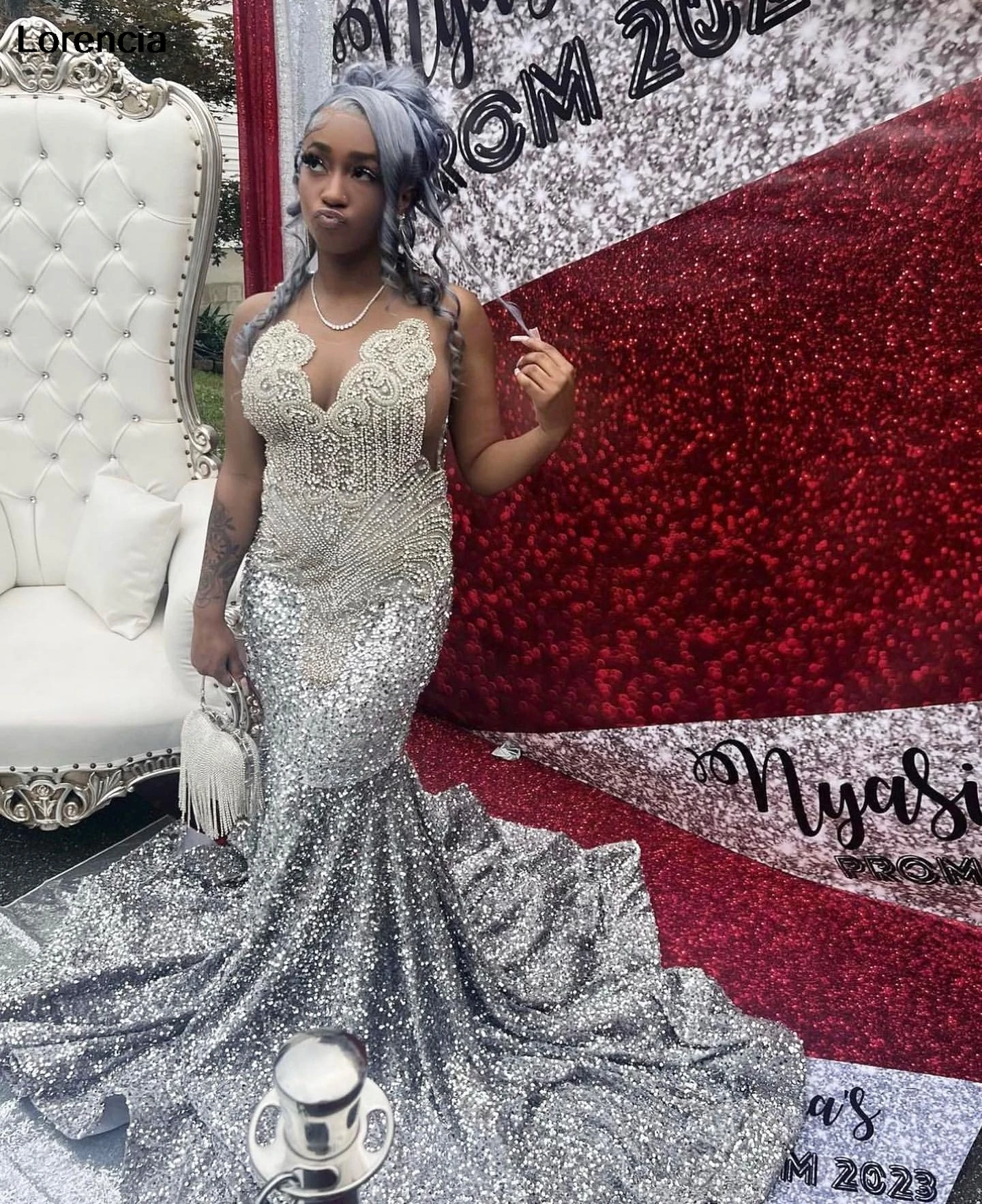 Customized Silver Sequins Prom Dress Black Girls Crystal Diamonds Beaded Mermaid Evening Patry Gowns Robe de soirée YPD145