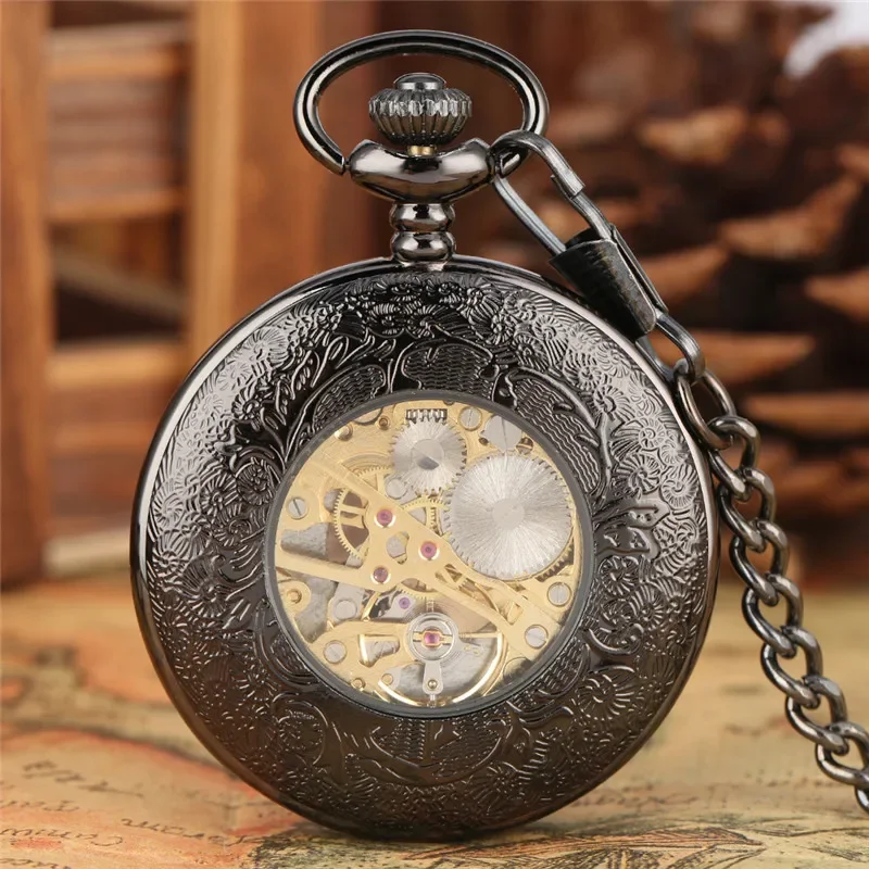 Steampunk Black Men Women Hand-wind Mechanical Pocket Watch Hollow Out Gear Case Skeleton Clock with Pendant Chain Roman Number