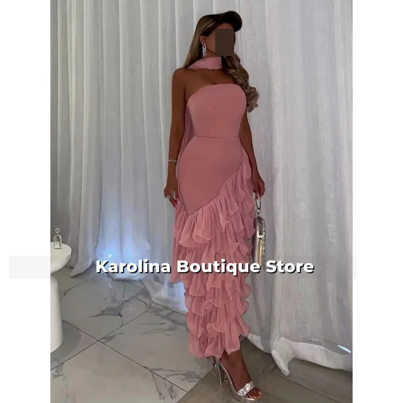 

Elegant Pink Mermaid Evening Gown Women customized Strapless Party Prom Dress Asymmetrical Ruffled Formal Occasion Dresses