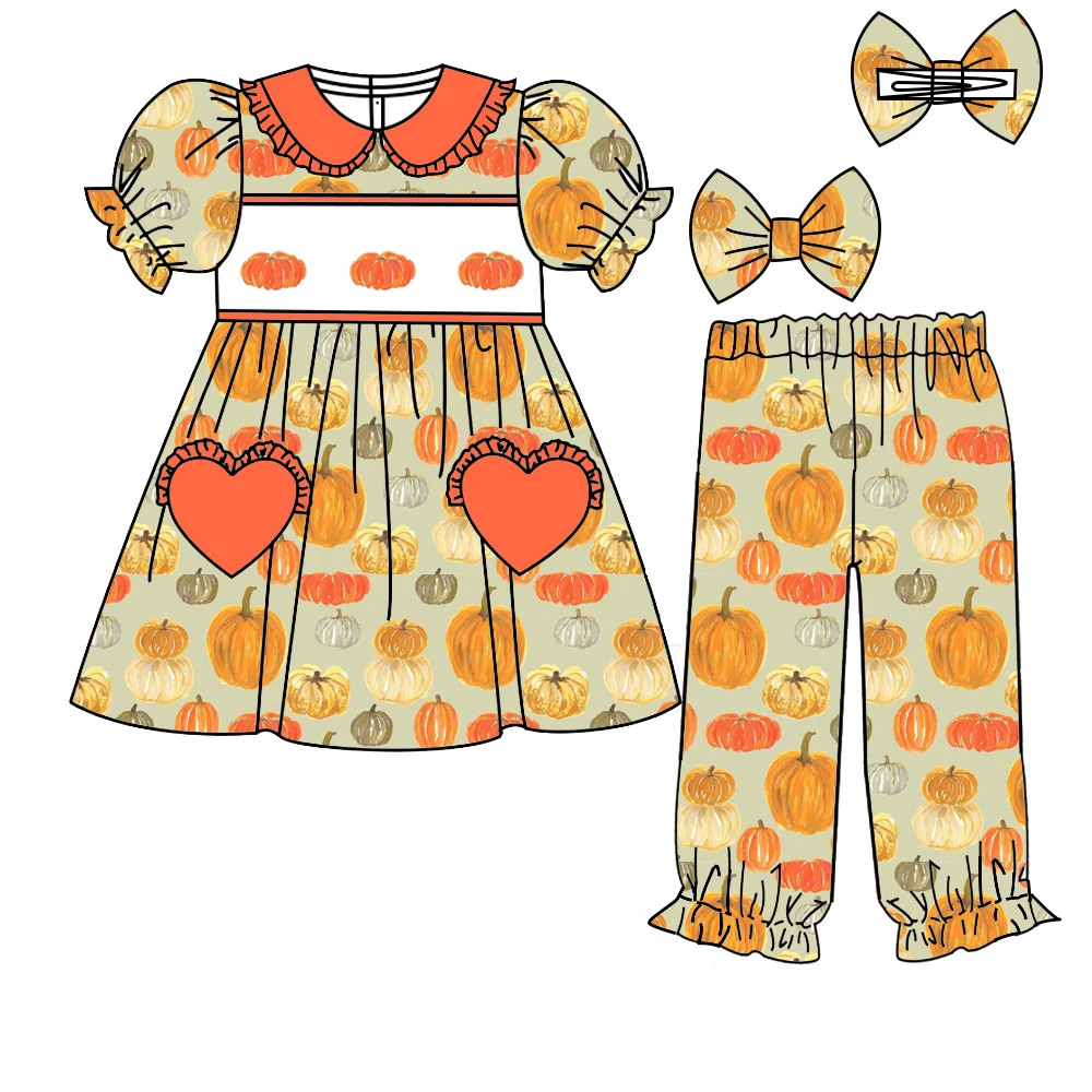 New Boutique kid's set collared short-sleeved dress trousers heart pocket Thanksgiving Day Pumpkin Chicken print