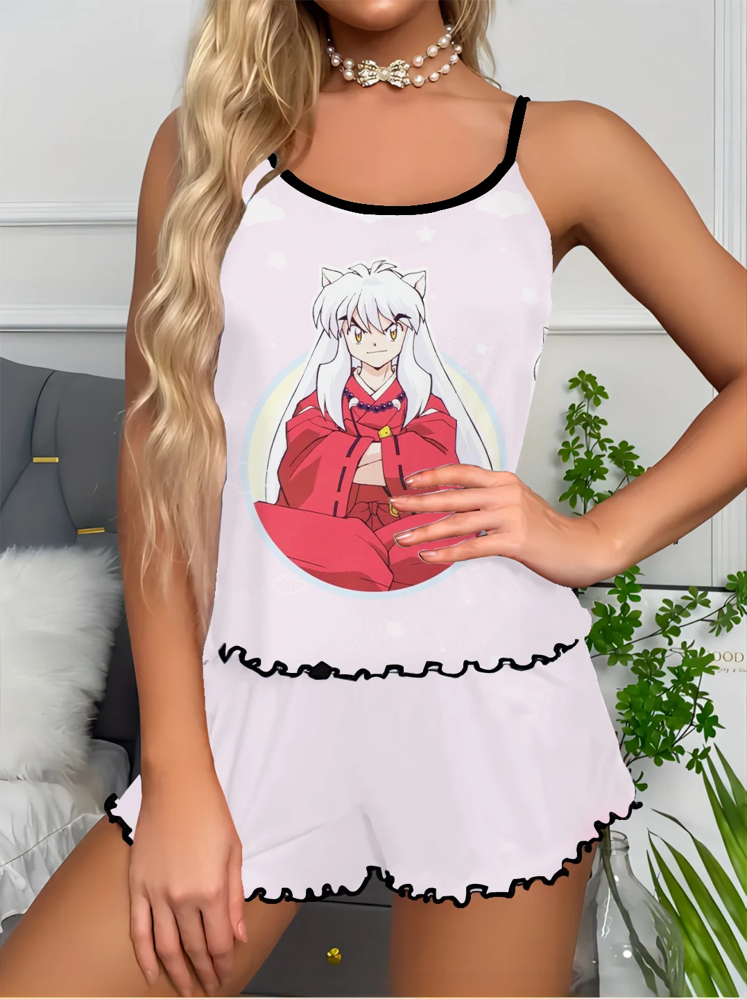 Pajamas Women's Pajama Set Anime Inuyasha Print Soft Camisole Top Shorts with Playful Ruffled Top and Shorts Set