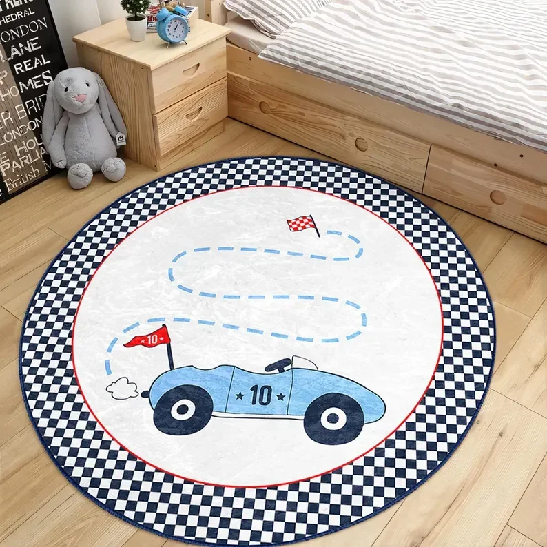 Minimalist Black White Round Play Mat Racing Track Game Carpet Non Slip Floor Rug for Bedroom Playroom Toy Car Activity Decor