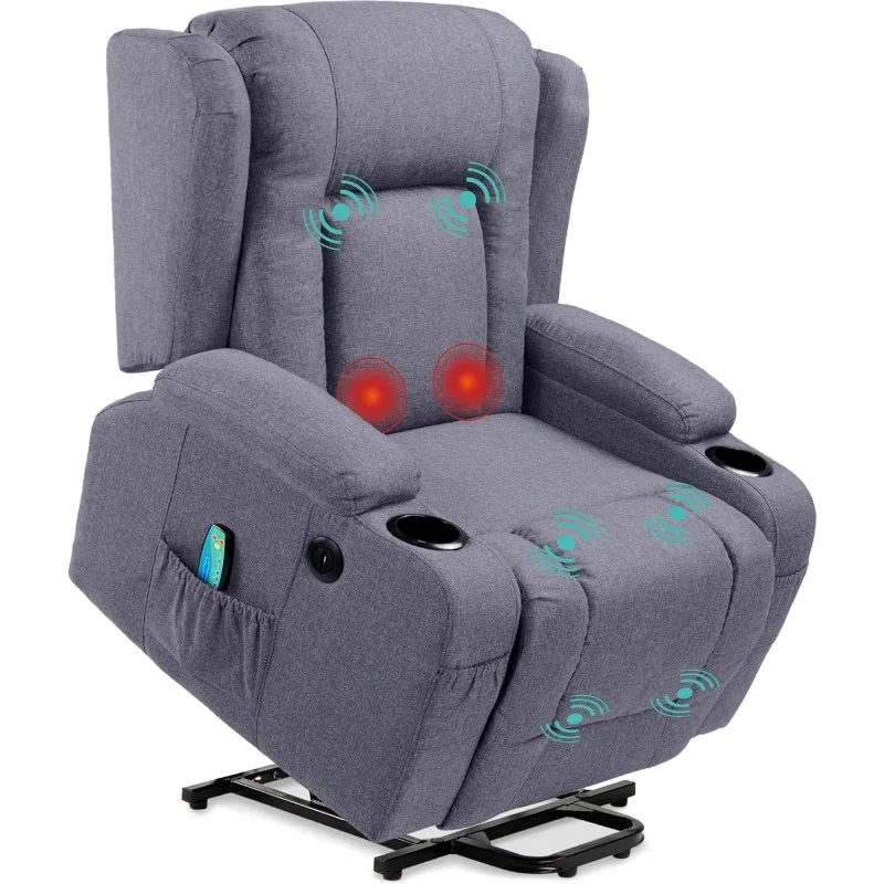 Modern Linen Electric Lift Chair Recliner Massage Chair Back Adjustable Furniture Leg Strap 3 Positions USB Port Heating Blue