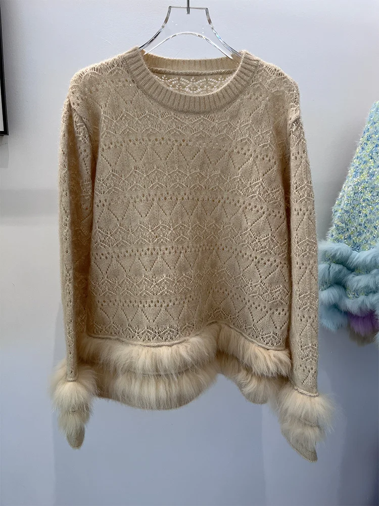 เสื้อโค้ทไหมพรมขนสุนัขจิ้งจอกแท้สำหรับผู้หญิง ฤดูใบไม้ร่วง ฤดูหนาว 2025 คอทรงโอ สไตล์สตรีท