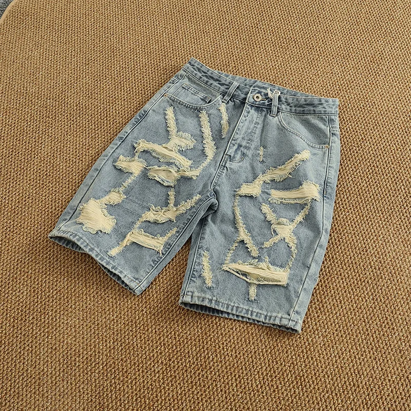 

Перфорированные и красивые модные джинсовые шорты для мужчин летом, универсальные, винтажные, стираные и пятикомпонентные брюки.