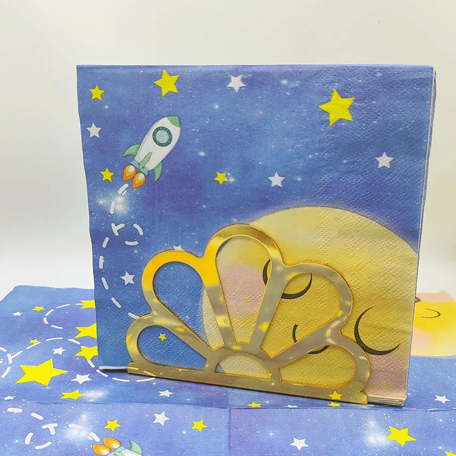 10/20pcs Cosmic Blue Paper Napkins Double Sided w/ Smiling Planets & Rocket Flames | Disposable Table Decor for Galaxy Party