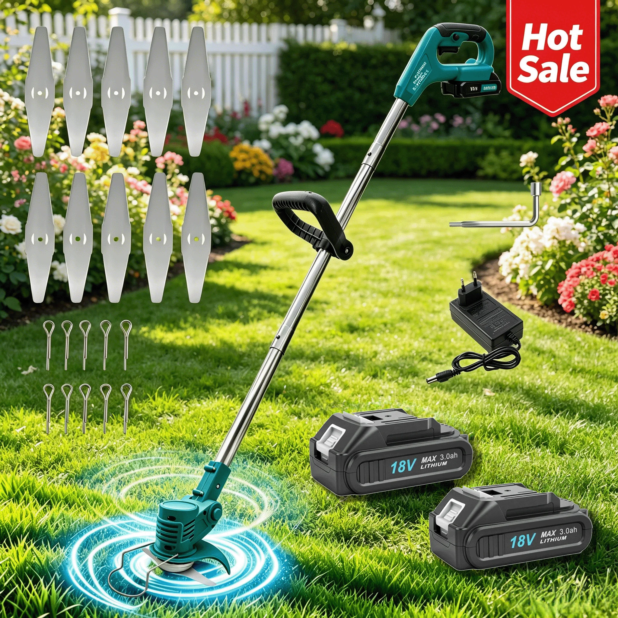 21V Kabelloser Rasenmäher 3-fach Abnehmbarer Rasentrimmer 90 °   Verstellbarer Unkrautschneider für Garten und Rasen