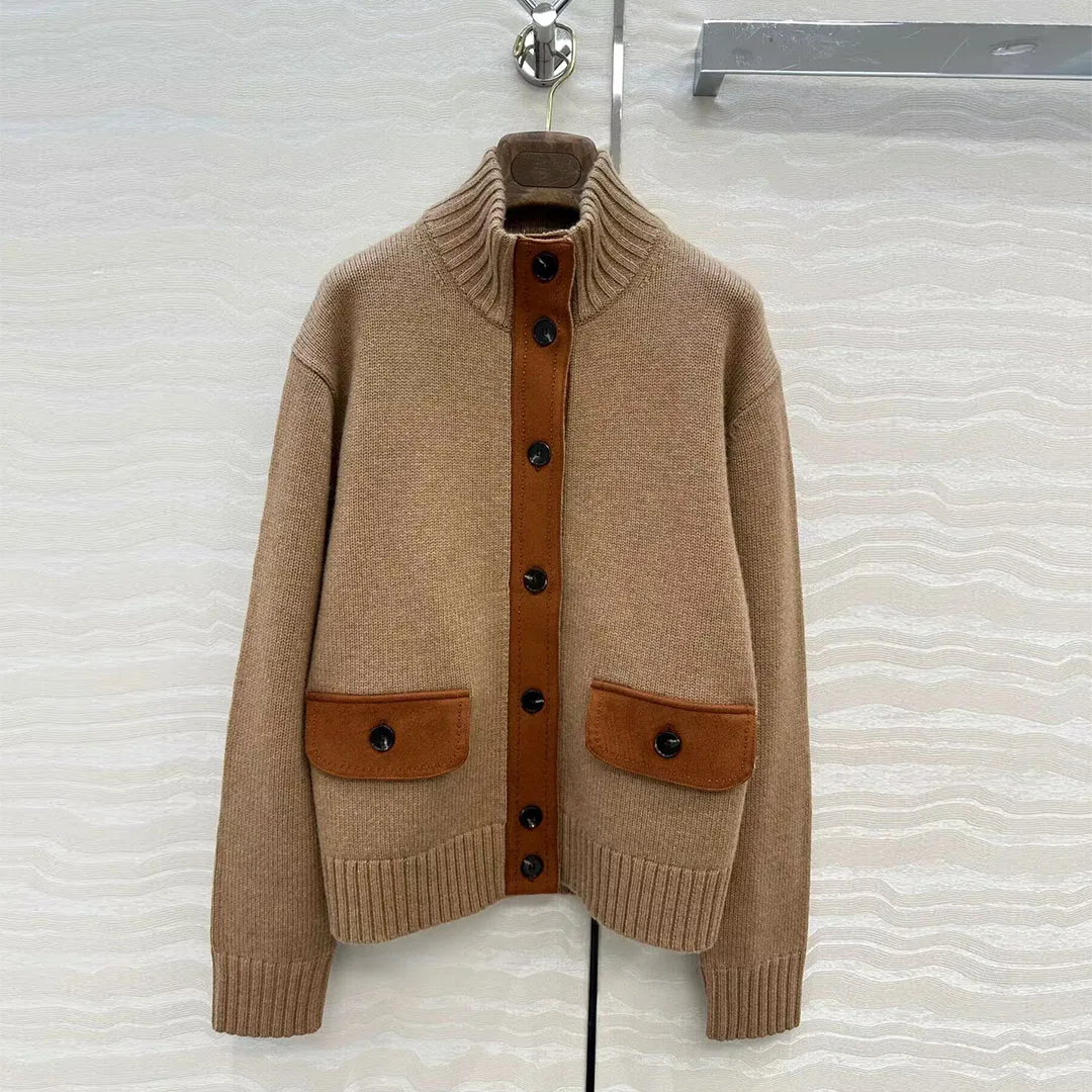 

Vintage Suede Patchwork 100% Cashmere Heavy Sweater Women Old Money Style Stand Collar Single Breasted Pockets Knit Cardigans