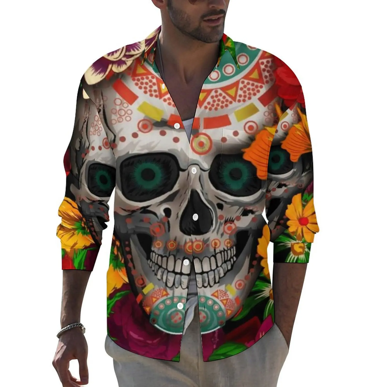 

Smiling Sugar Skull Casual Shirts Men Day of The Dead Flower Shirt Long Sleeve Stylish Blouses Autumn Design Clothes Plus Size