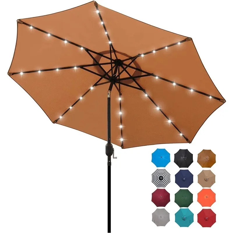 9 ft Solar Umbrella 32 LED Lighted Patio Umbrella Table Market  with Tilt and Crank Outdoor  for Garden