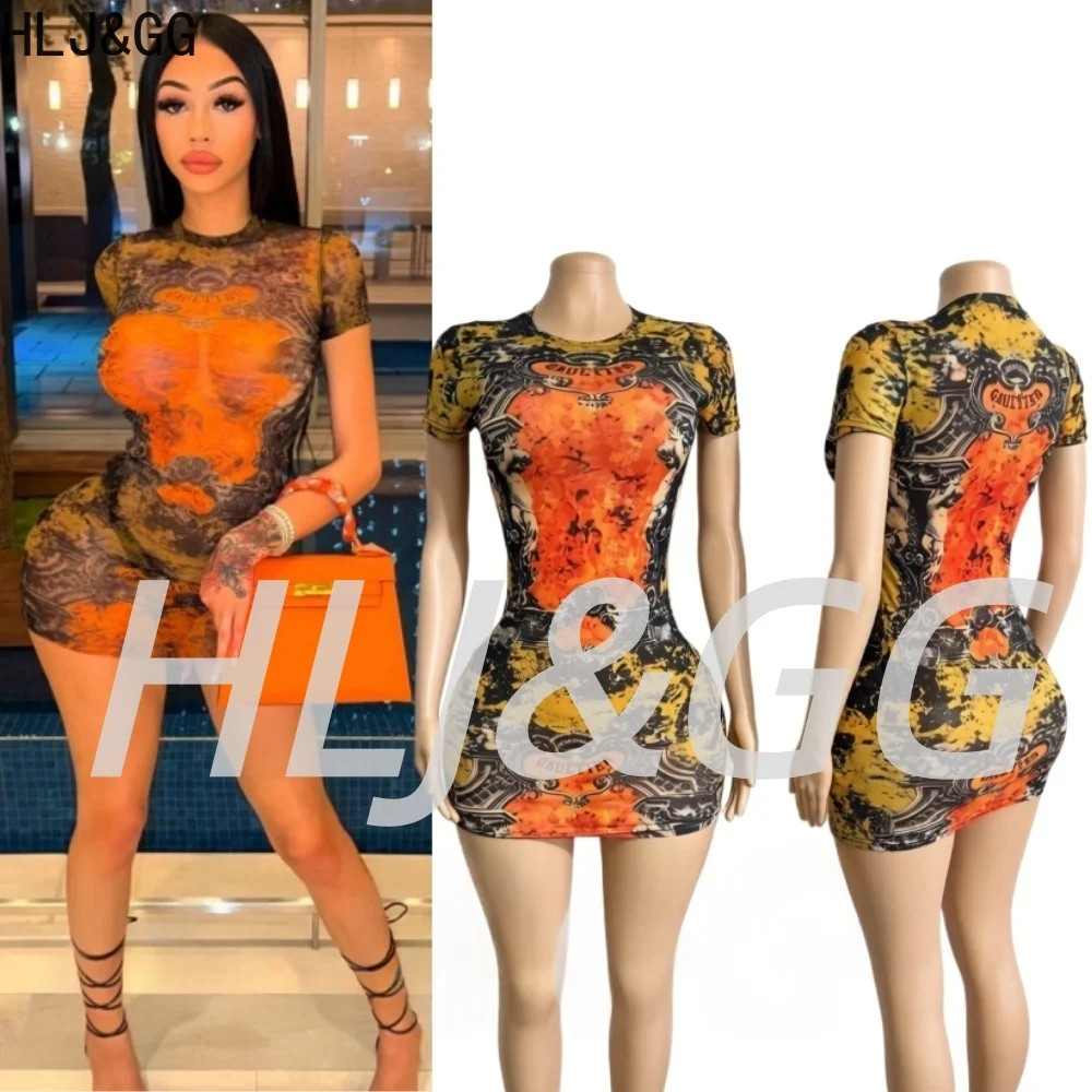 

HLJ&GG Orange Sexy Mesh Tie Dye Print Bodycon Mini Dresses Women Round Neck Short Sleeve Slim Vestidos Fashion See Through Dress
