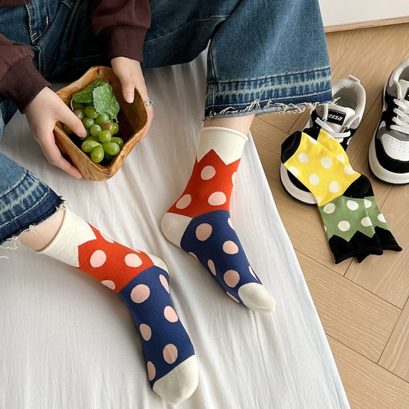 5 أزواج من الجوارب المريحة ذات اللون الحلوى، جوارب متوسطة الطول، حواف ملفوفة، نقاط مطابقة الألوان، جوارب عصرية #2