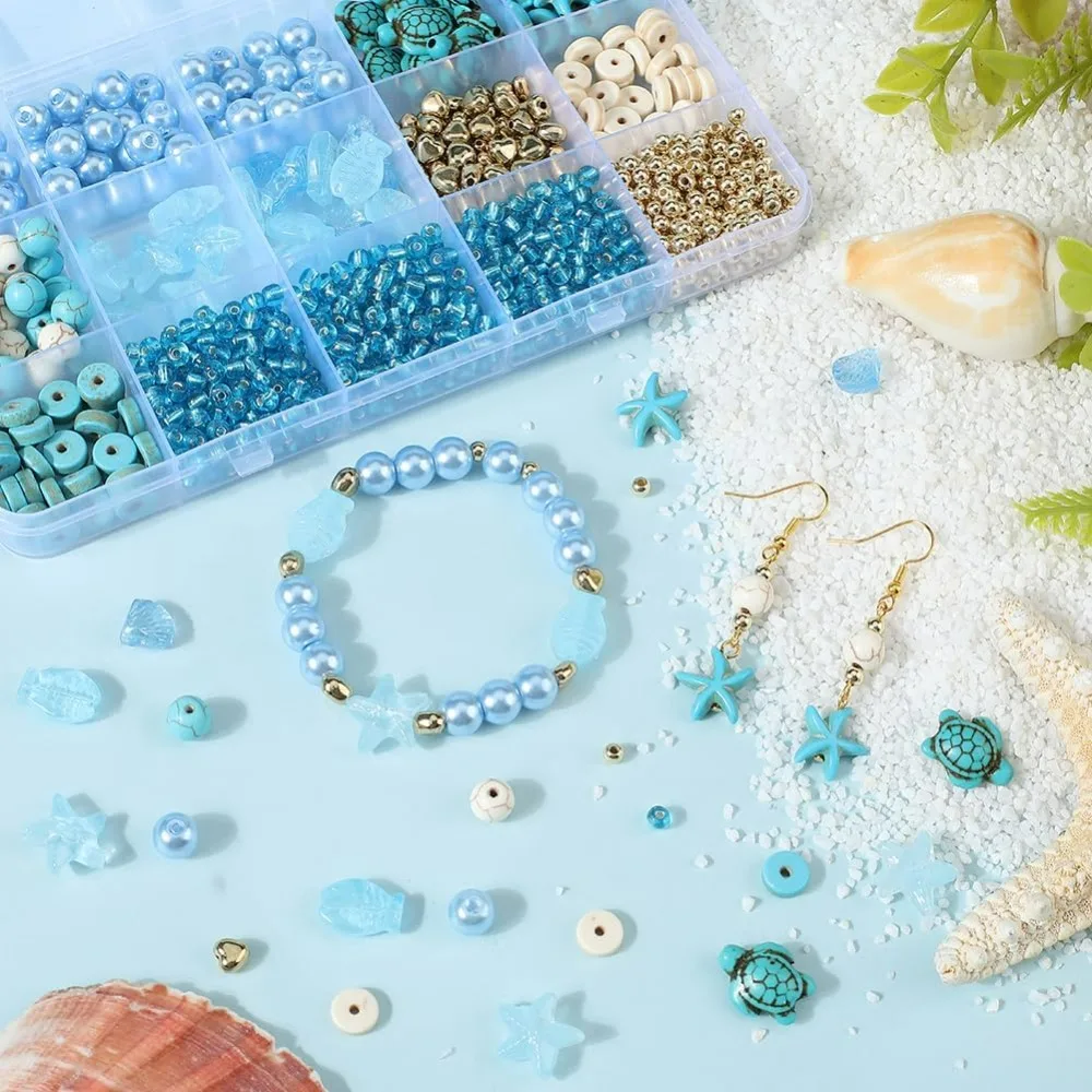 1박스 1080개 해양 비즈 키트 하와이 여름 바다 동물 비즈 거북이 불가사리 가리비 물고기 블루 글라스 터쿼이즈 스페이서