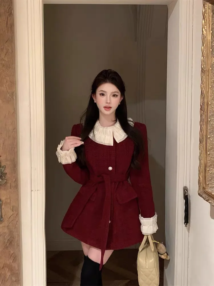 

Красное шерстяное пальто для женщин: весна-осень-зима, с цветочным декором, элегантное, женственное, с длинными рукавами, на пуговицах