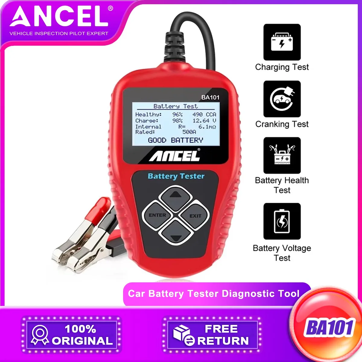 

Цифровой анализатор 12 В ANCEL BA101 для автомобильного мотоцикла, тест 100-2000CCA, система зарядки с разрешением SOC, диагностические инструменты с автоматическим сканированием