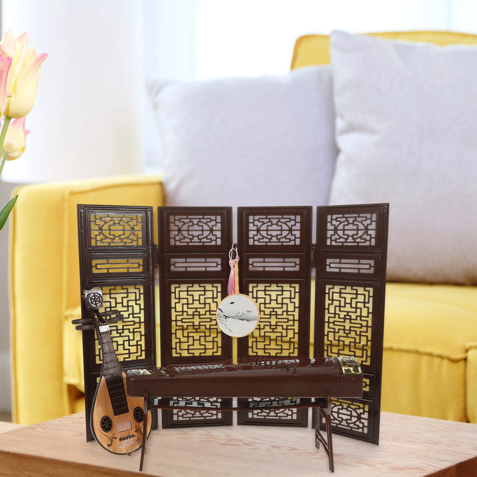 

4pcs Mini House Guzheng Decor Furniture Model Mini Decor Chinese Style Fan Pipa Instrument Prop Home Office Vintage nament