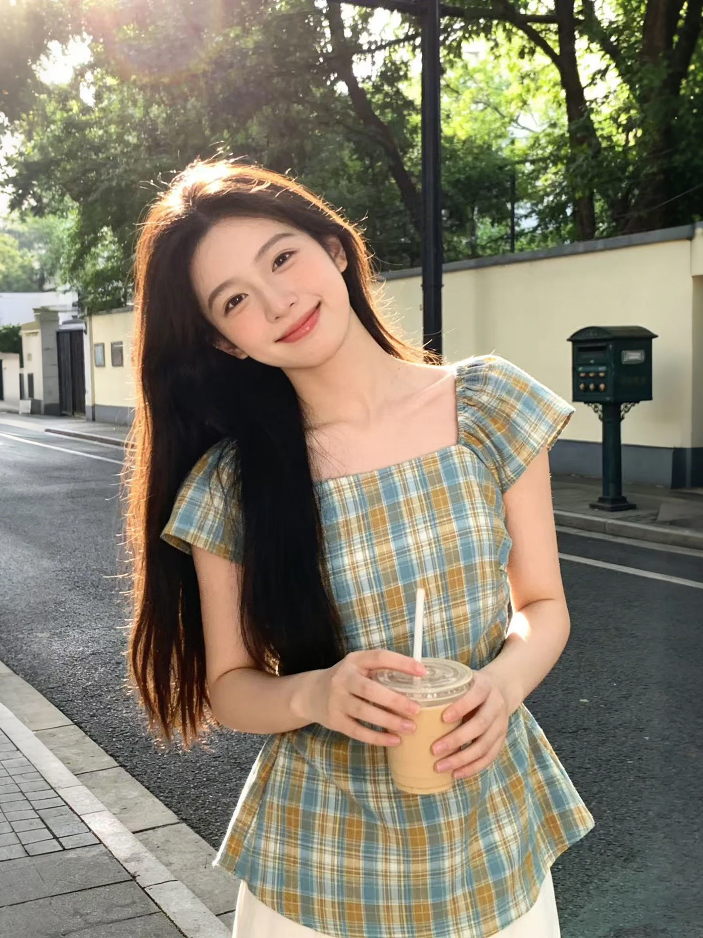 

Summer Women's Plaid Shirt Square Collar Fly Sleeve Belted Backless Pure Desire Short Sleeve Top Casual Style Cotton Polyeste...