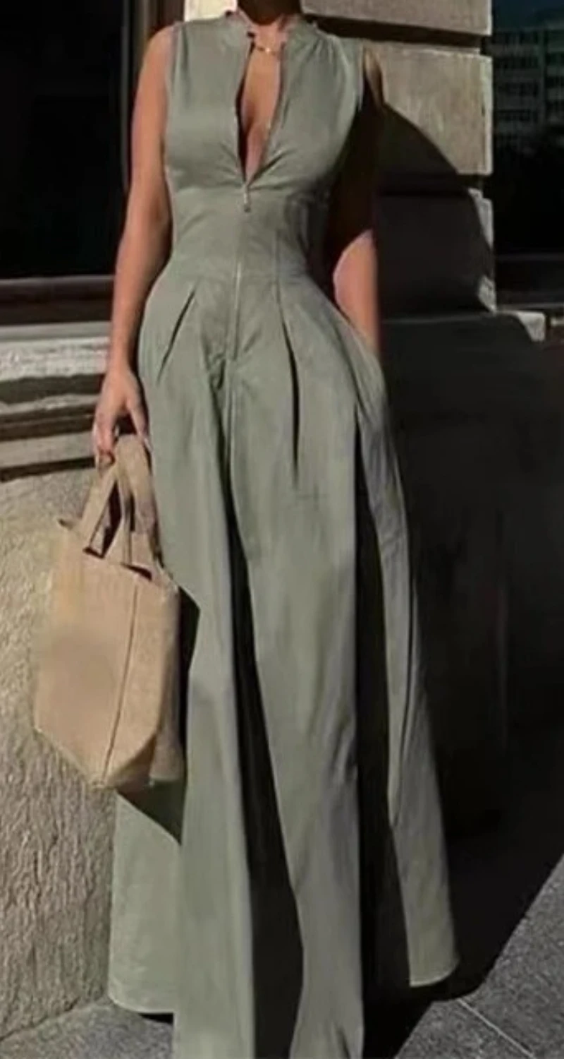 

2025 Summer New Women's Round Neck Sleeveless Waist Collection Commuting Style Dress