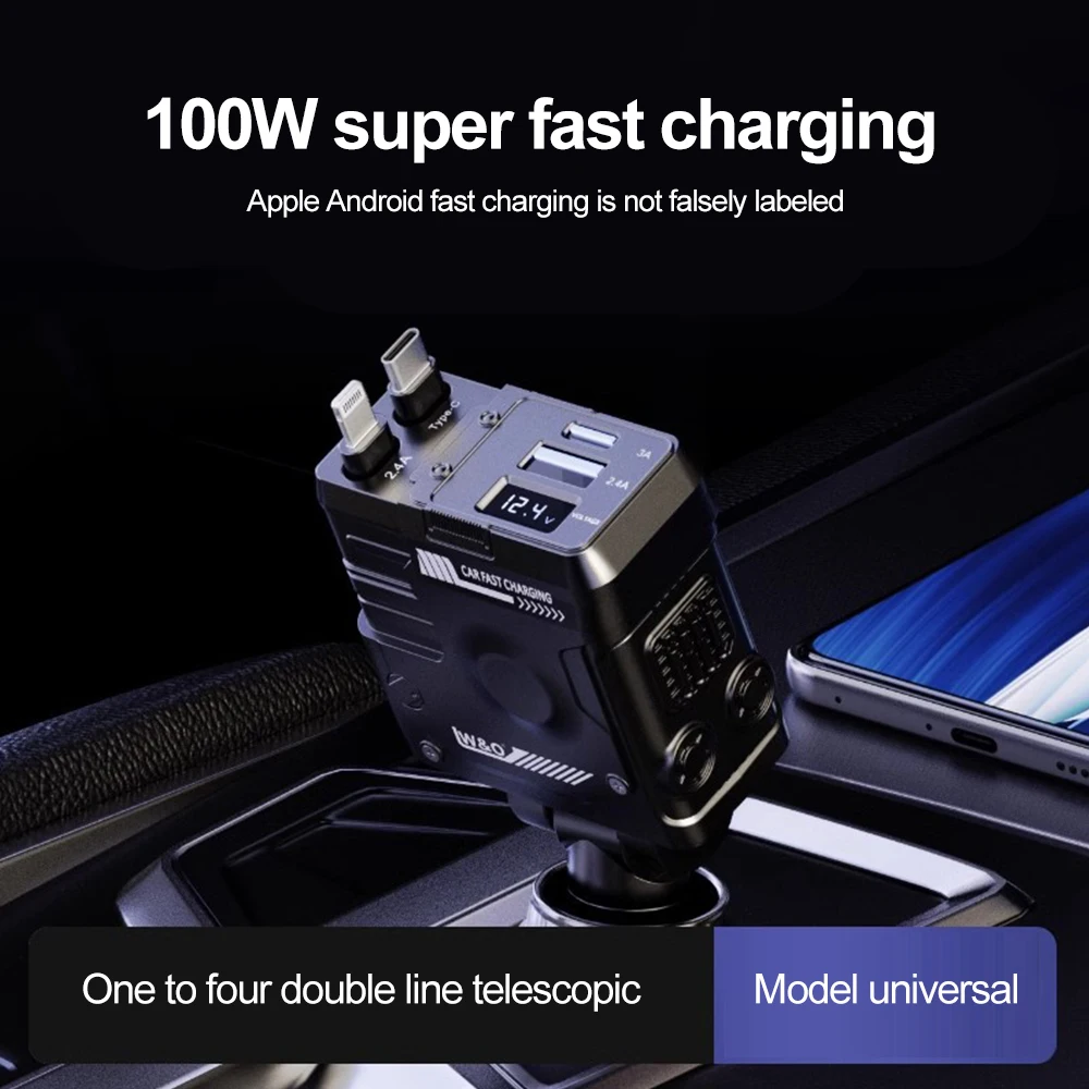 Retractable Car Charger, 66W 4-in-1 Super Fast Charging Car Phone Charger  2 USB Port Adapter for iPhone 16/15/14/13, Samsung