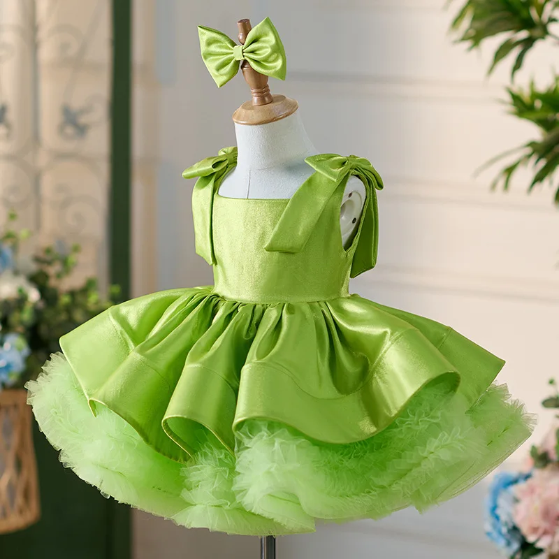 LJW Dress with off-shoulder green Bow  for Toddlers 2-13 year old Girls Birthday party Custom Carnival Ball Celebration dress