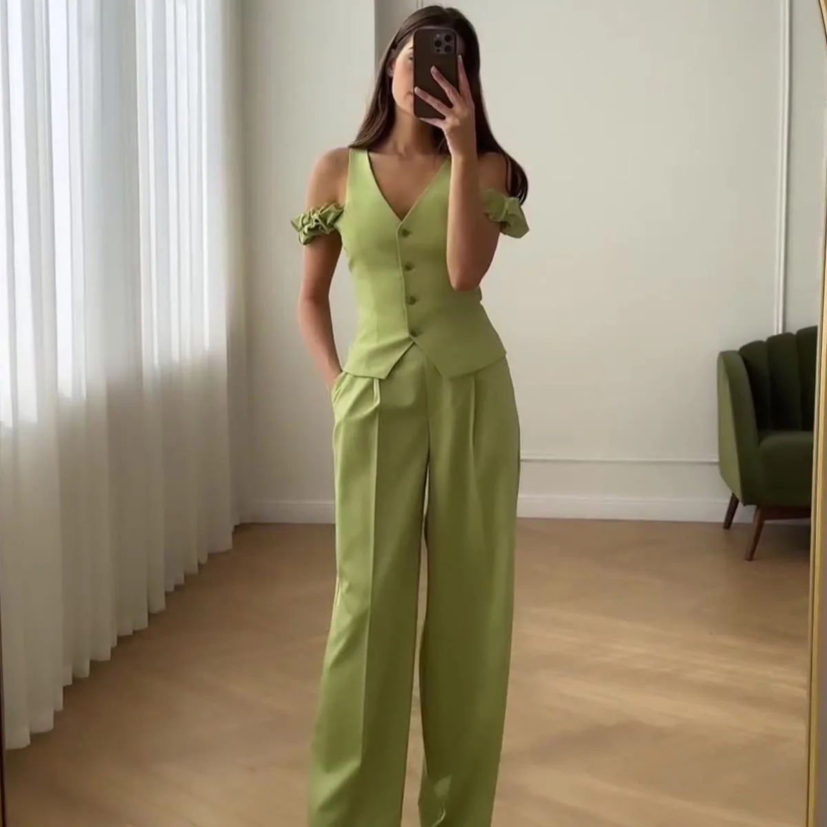 

Women Ofiice Lady Commuting Pants Set Elegant Sleeveless Button Vest Top and Slim Trousers Two Piece Set Daily Casual Wear