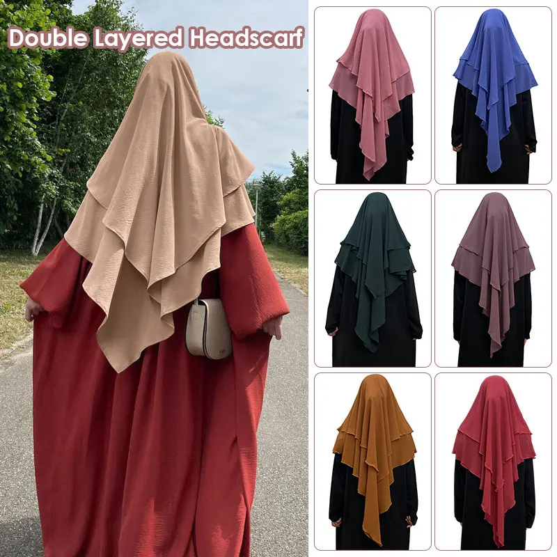 

Muslim Women Two Layer Hijab Scarf Shawl Wrap Ramadan Chiffon Headscarf Middle East Dubai Turkey Solid Color Abaya Headscarf
