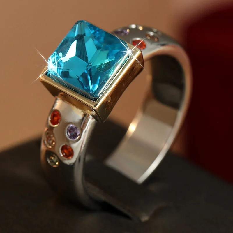 Ladies' Fashion Classic Ring Square Blue Synthetic Zircon Main Stone Ocean Style Exquisite Ring Daily Commuting Party Jewelry