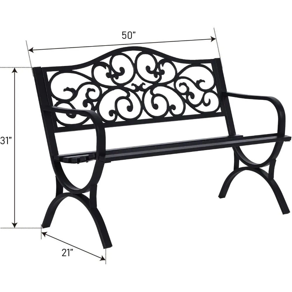 50 Inches Outdoor Garden Bench,Cast Iron Metal Frame Patio Park Bench with Floral Pattern Backrest,Arch Legs for Porch, recliner