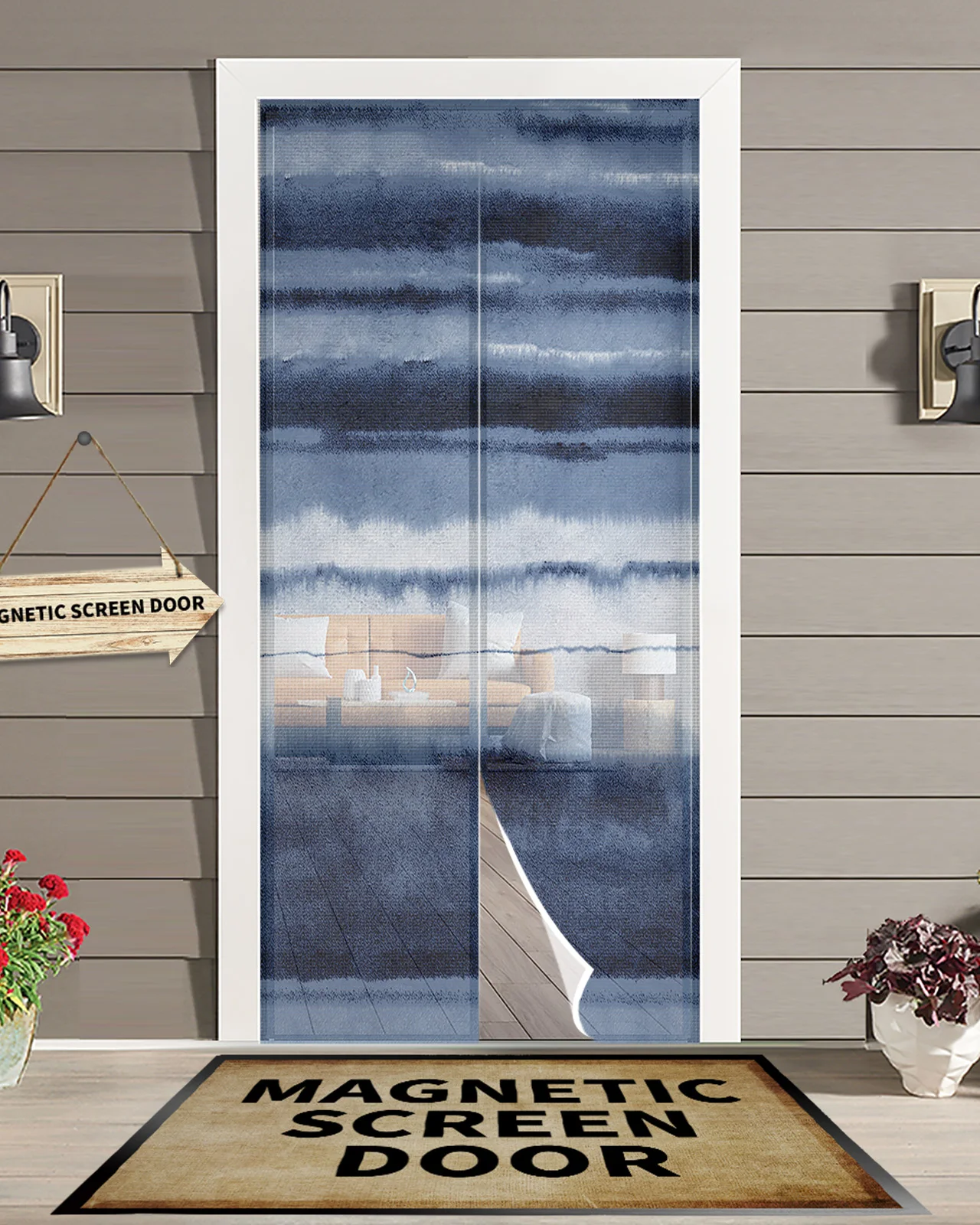 Watercolor Stripes Abstract Gradient Blue Summer Magnetic Screen Door Curtain Anti Mosquito Net Insect Fly Bug Kitchen Curtains