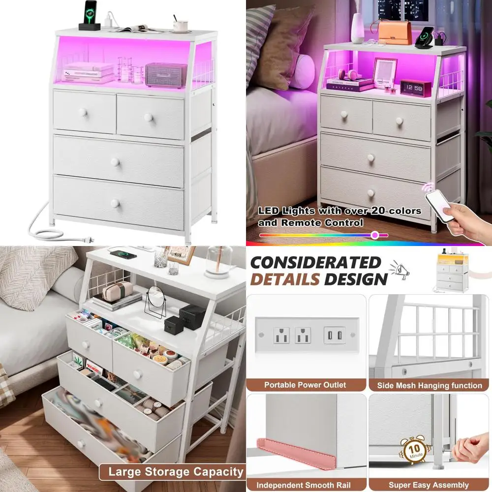 

Прикроватная тумбочка с LED-подсветкой и тканевыми ящиками, деревянная столешница, белая мебель для спальни, подходит для общежитий и прихожих