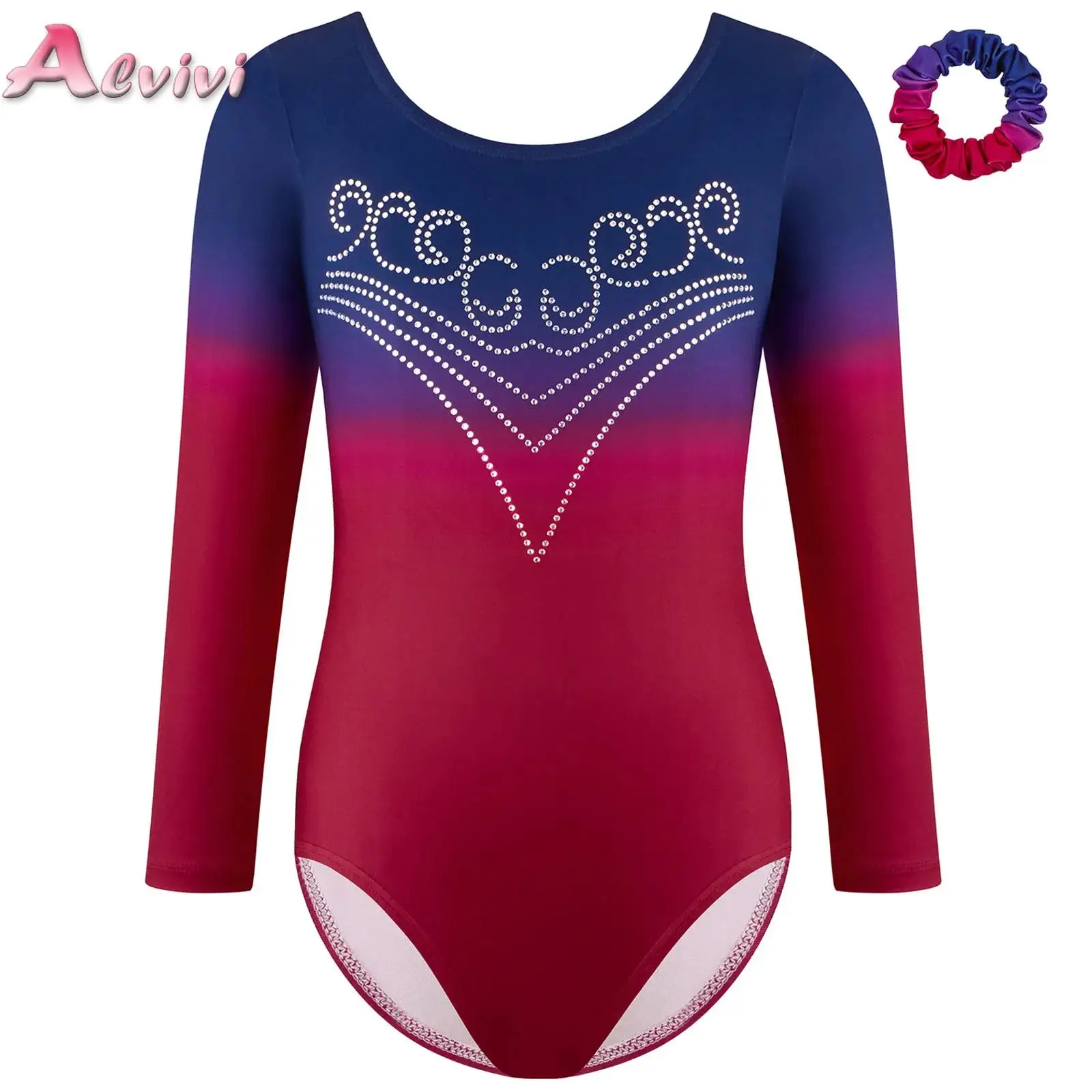 

Kids Girls Long Sleeve Gradient Leotard Ballet Dance Gymnastics Jersey with Hair Band Set for Training Examination Performance
