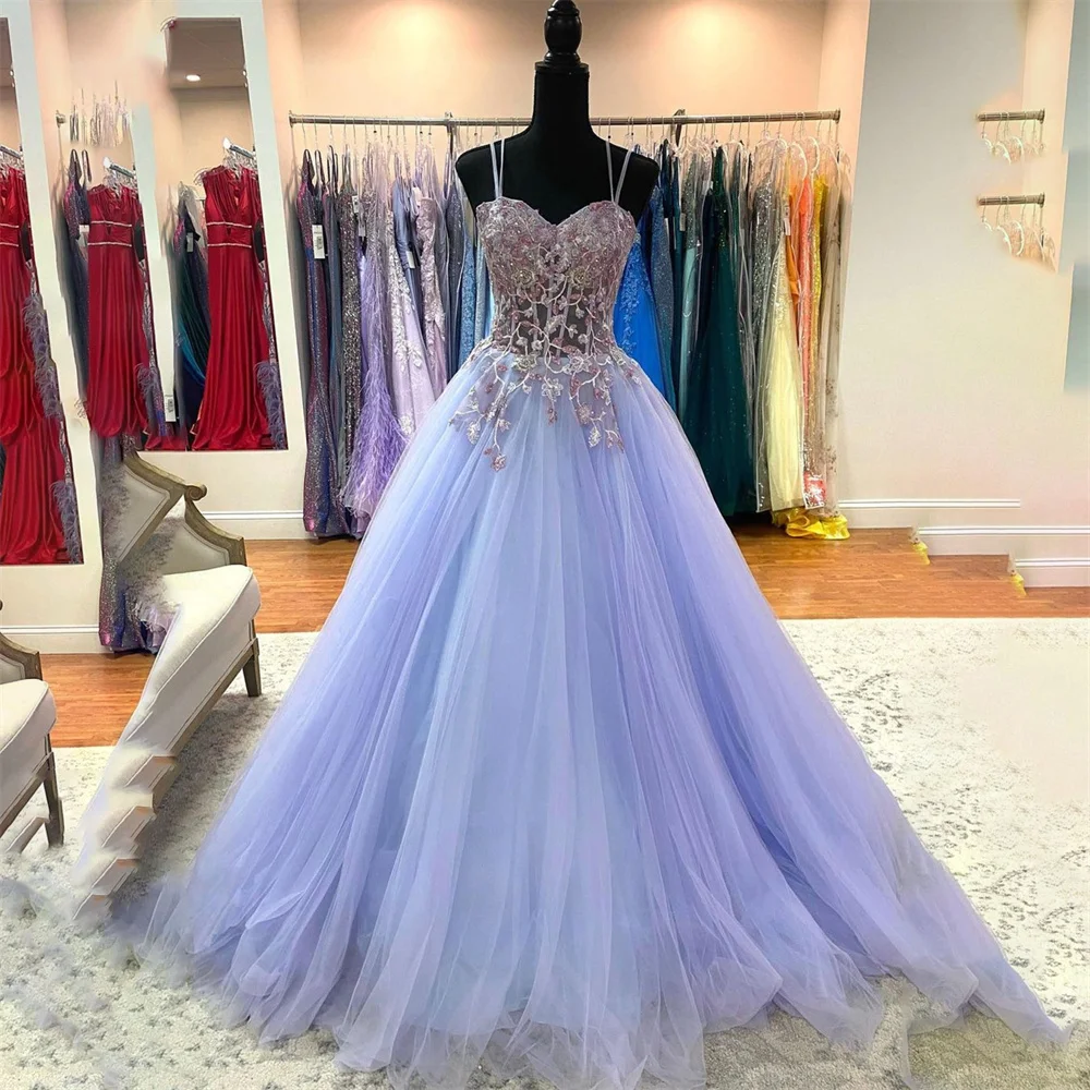 

Lily Purple Tulle Lace Prom Dress A-Line Spaghetti Straps Celebrity Dress Lace Beaded Women's Evening Dress Formal Gown 프롬 드레스