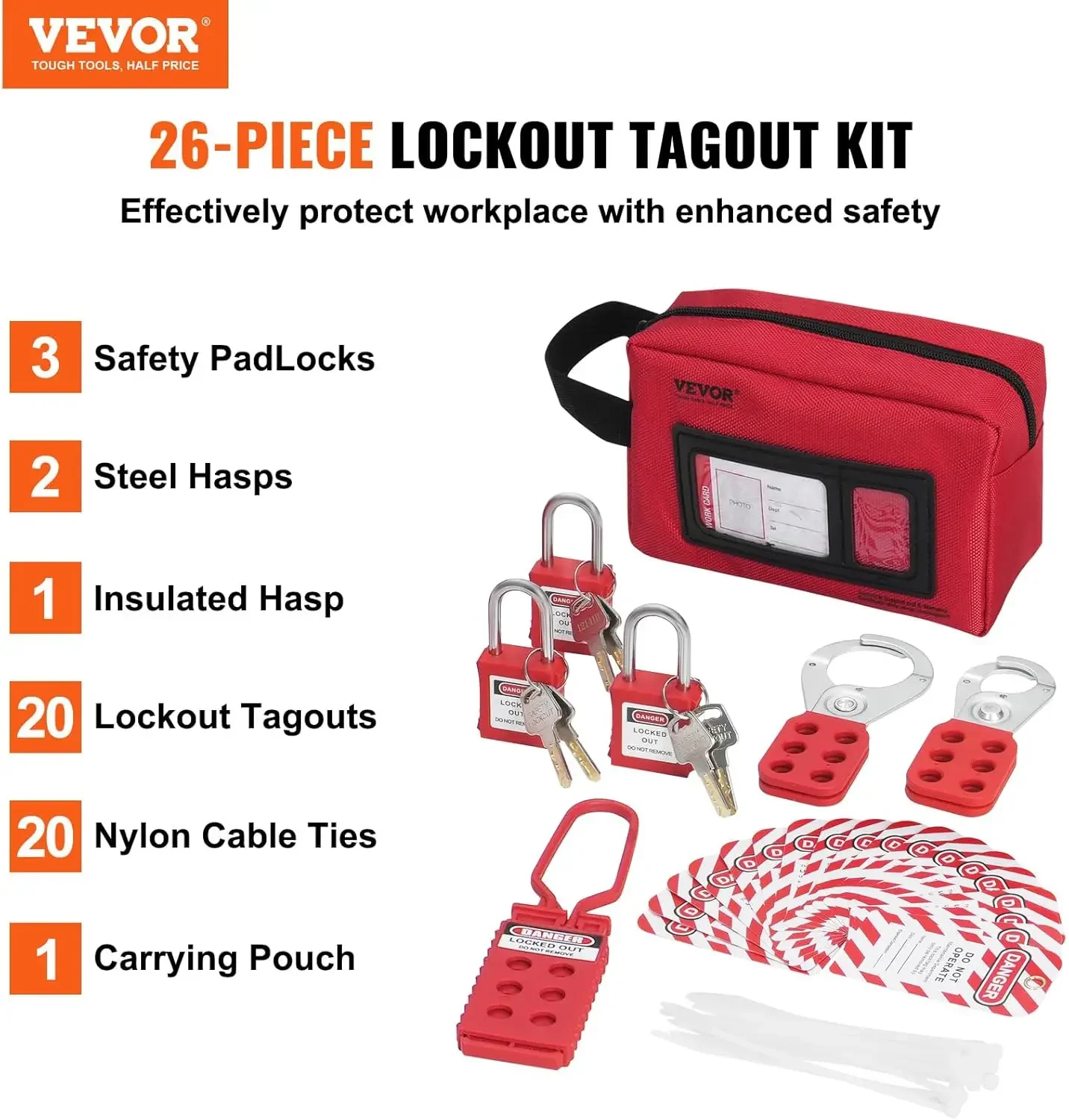 Electrical Lockout Tagout Kit, 26 PCS Safety Loto Kit Includes Padlocks, Hasps, Tags, Nylon Ties, and Carrying Bag