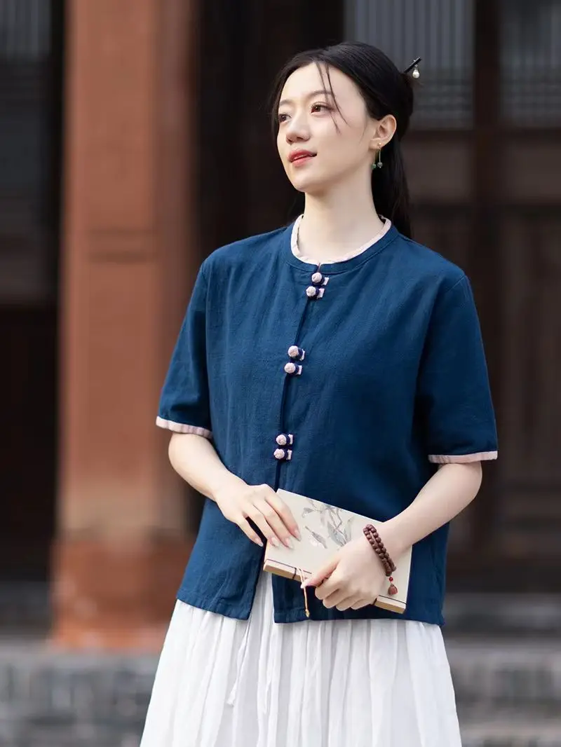

Cotton-Linen Women Modified-Style Shirt Button Closure Artistic Fresh Lightweight Short-Sleeve Shirt Ramie Color-Block Cardigan