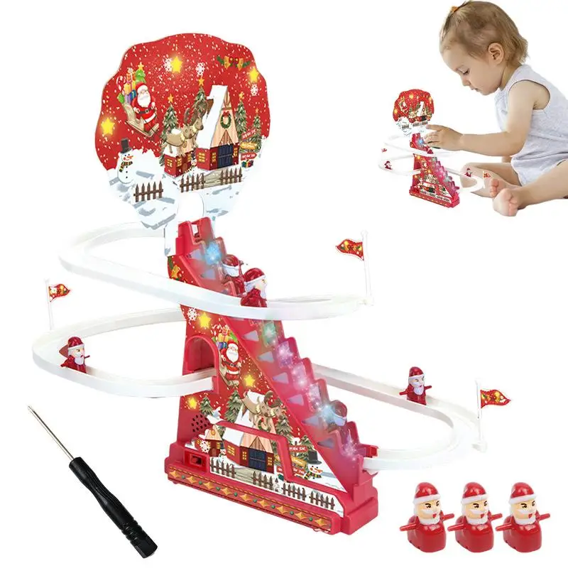 

Santa Climbing Stairs Santa Christmas Roller Coaster Track With LED Lights And Music Roller Coaster Playset Electric Track Slide