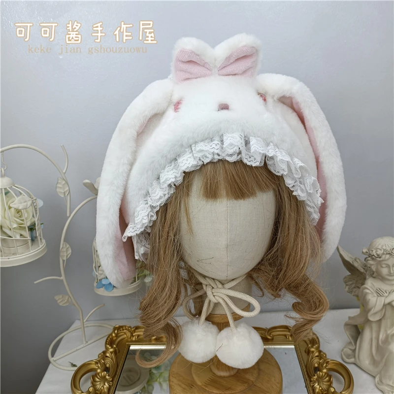 Japanese Style Soft Girl Lolita Cute Sweet Plush Lop Eared Rabbit Cap with Ears Autumn and Winter Warm Hat Female