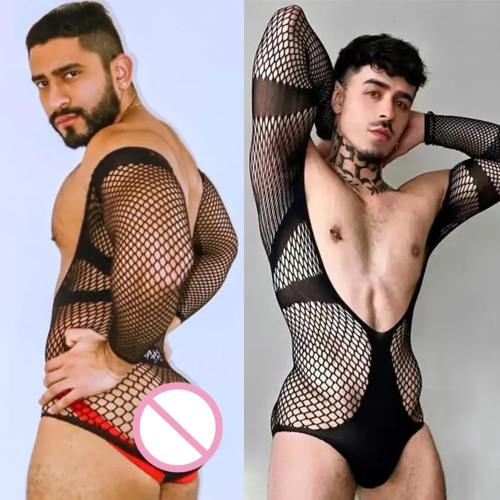 Nuovi uomini sexy collant bodystocking lingerie sissy cava alta biancheria intima elastica maglia trasparente gay tuta night club wear